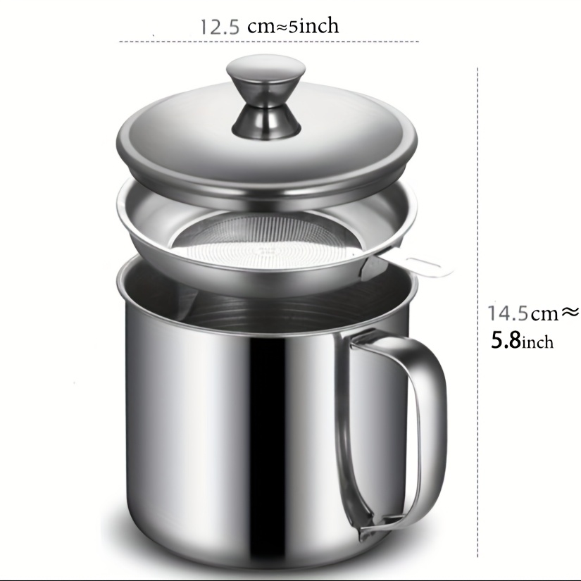 TEMU Stainless Steel Portable Storage/filter Container 1.3lstainless Steel Handle With Cover Grease Filter High Temperature Resistance Strainer Oil