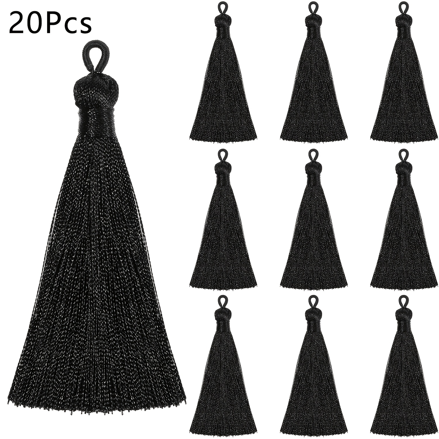 TEMU 20 borlas negras, borlas para manualidades, con de cordón para colgar, ideales para marcapáginas, llaveros, aretes, pulseras, recuerdos, costura