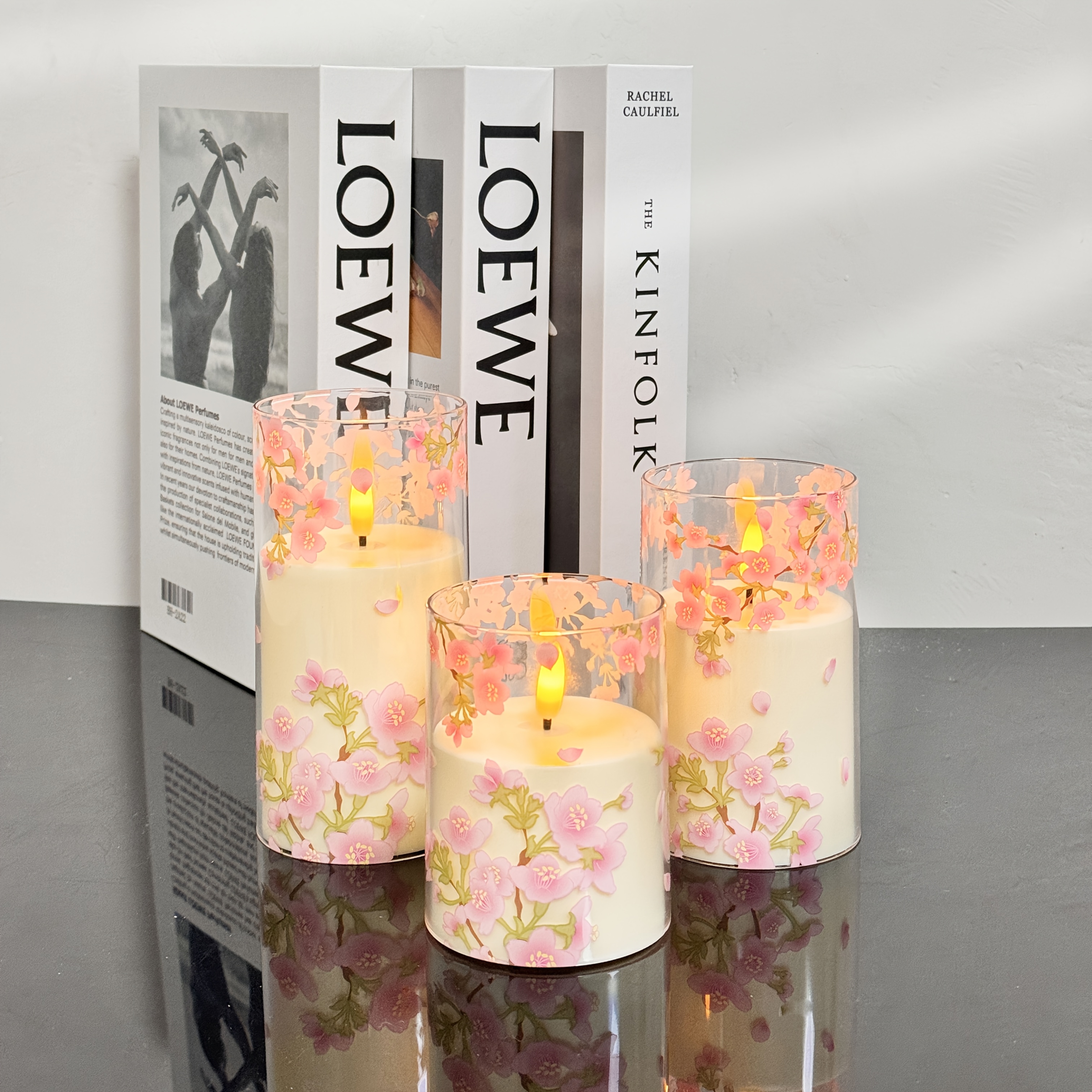 3 stuks Elegant Roze Peonie & Kersbloesem Kaars Set