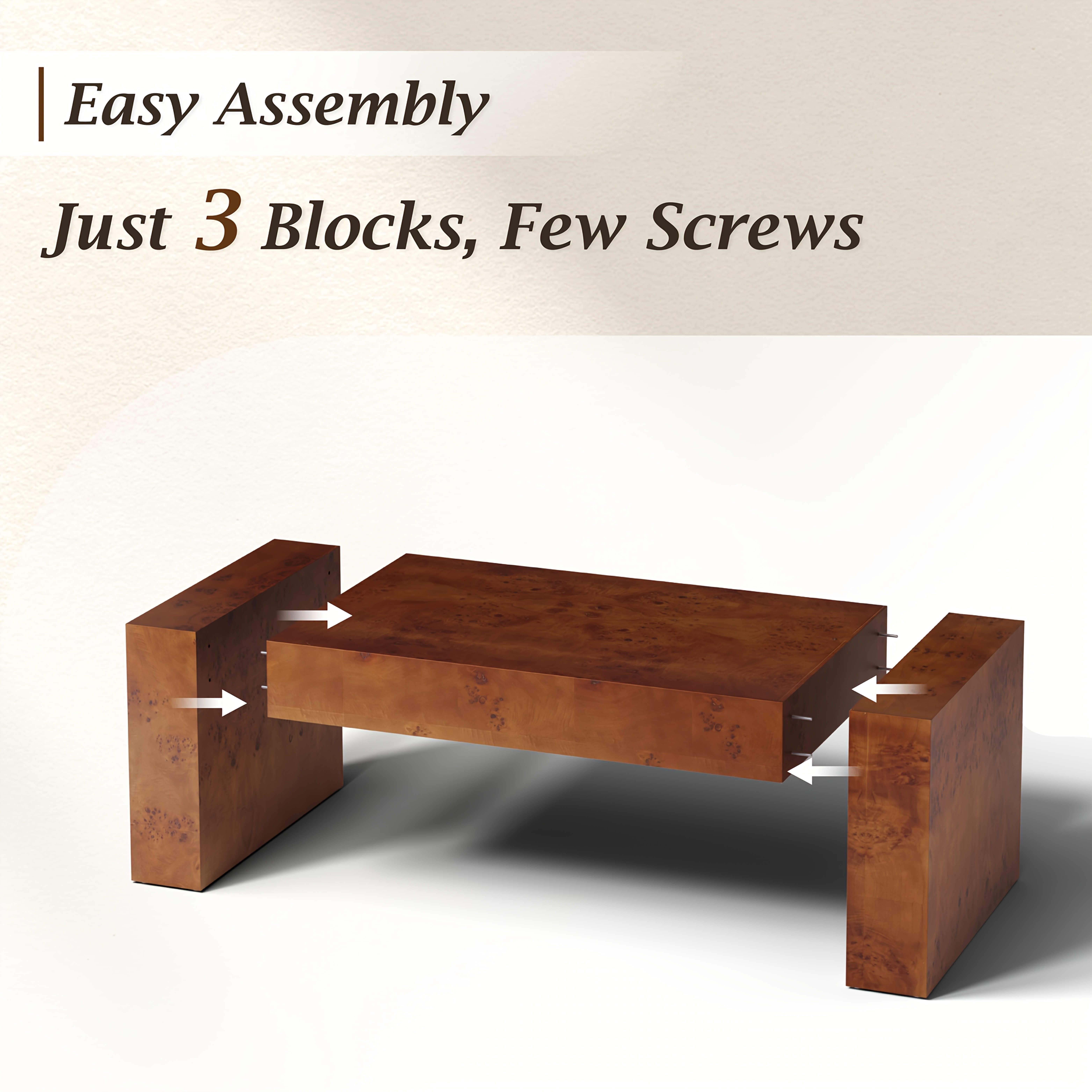 Modern Burl Wood Finish Coffee Table Suitable for Living Spaces, Minimalist Rectangular Center Table with Brushed Block Legs & Density Board Top, Sturdy /Outdoor Furniture for, Balcony, Entryway - Assembly