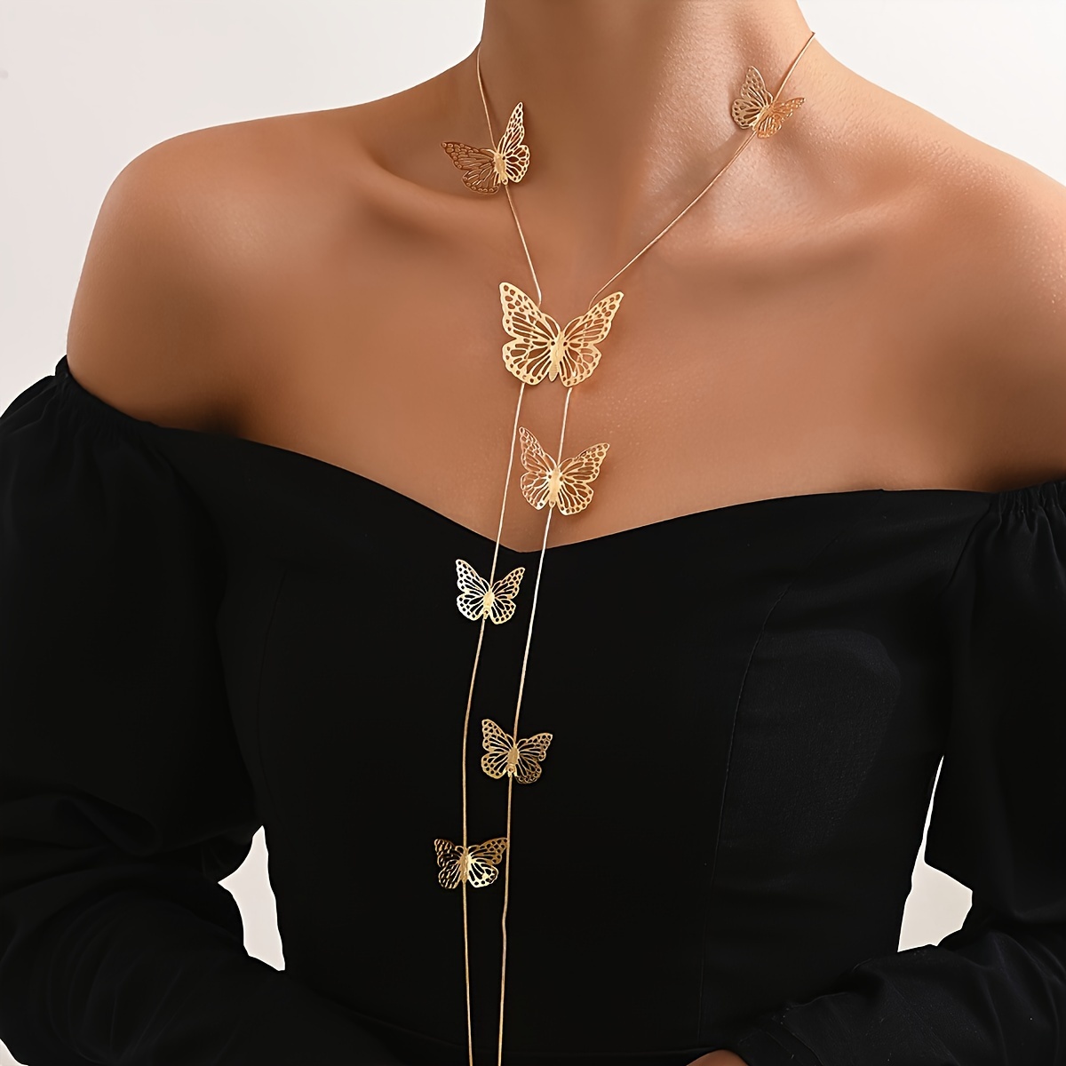 

1pc Elegant V-shape Necklace With Irregular Butterfly Pendant, Casual & Vacation Style Sexy Versatile Long Tassel Accessory