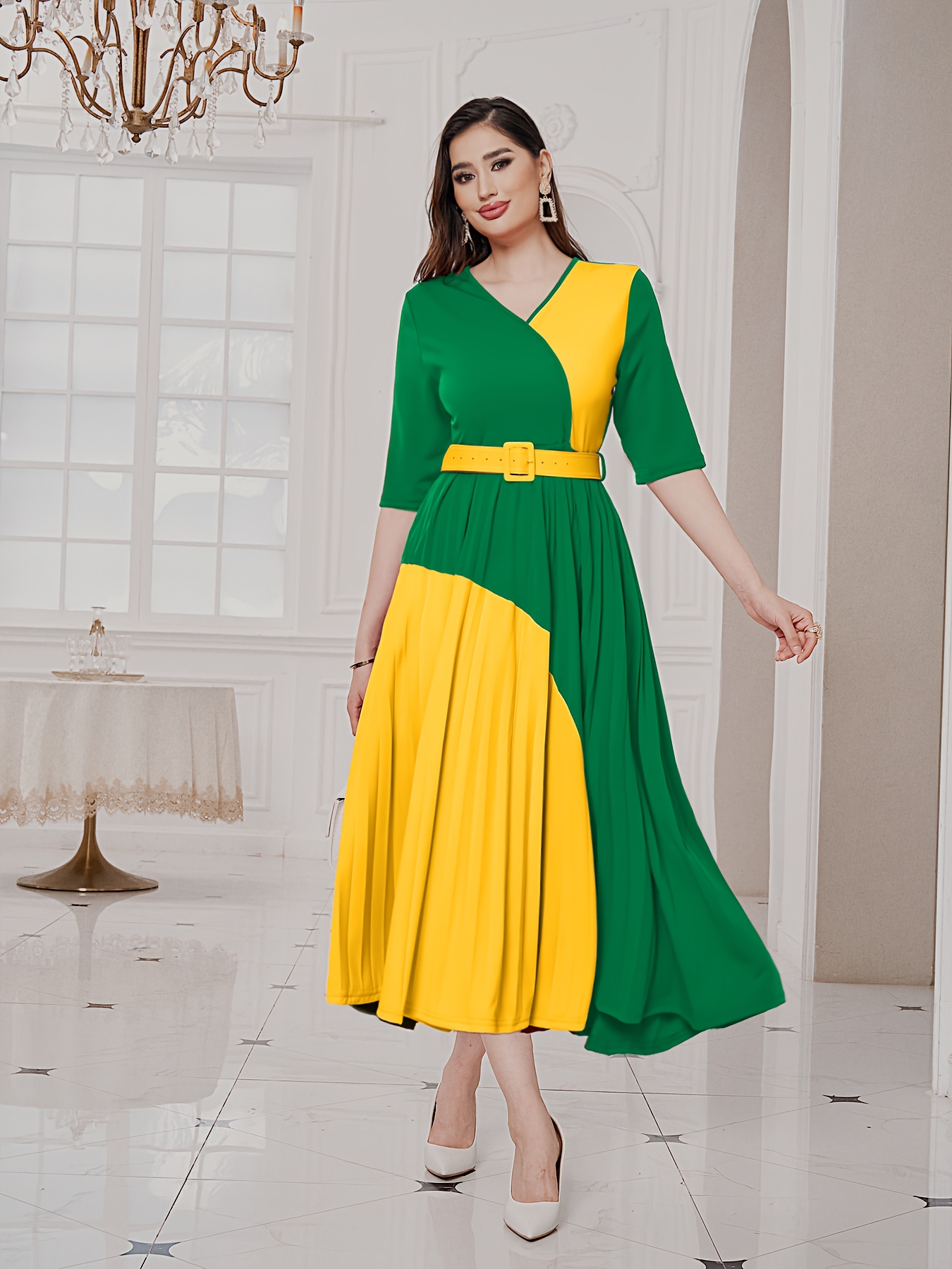 green contrast color dress Green Tropical Print Linen Blend Dress - Maxi Dresses