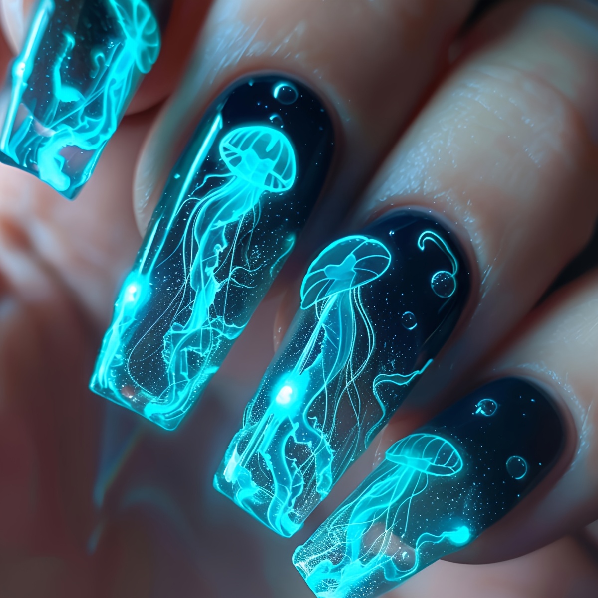 TEMU Medium-length Blue And Jellyfish Water Pipe -on Nails, 24pcs Set – Travel, Parties, And Vacations