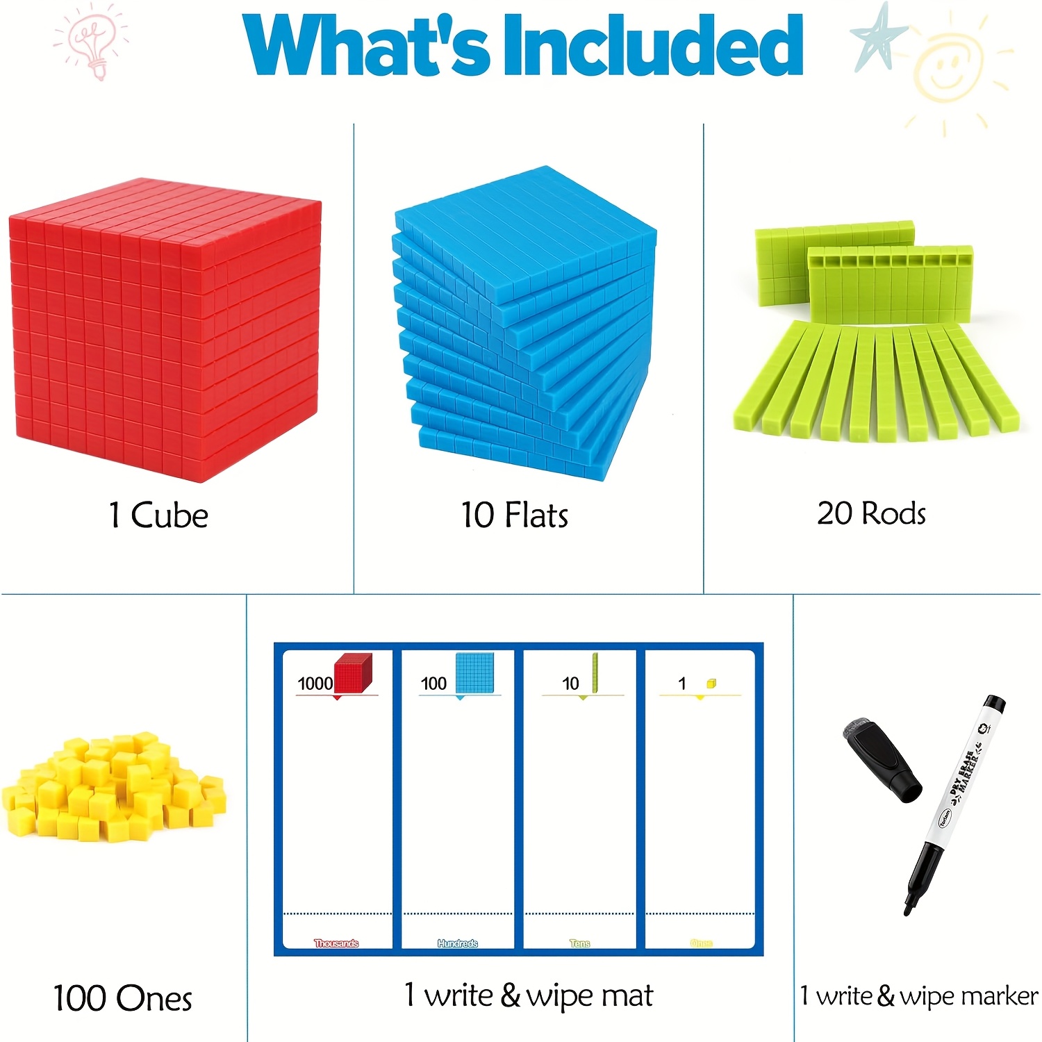 136pcs Colorful Base Ten Blocks & Activities Set | Math Manipulatives, Value Blocks Mat, Tens Blocks, Math Counters Cubes, Made Of Abs By Amibox