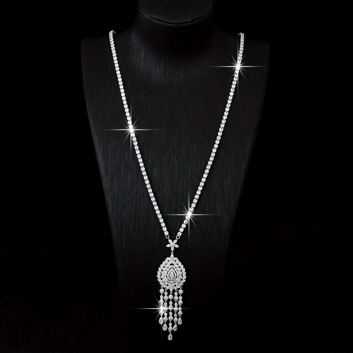 TEMU 1 Fashion Full Inlaid Synthetic Zirconia Tassel Sweater Chain Women's Elegant Temperament Versatile Necklace