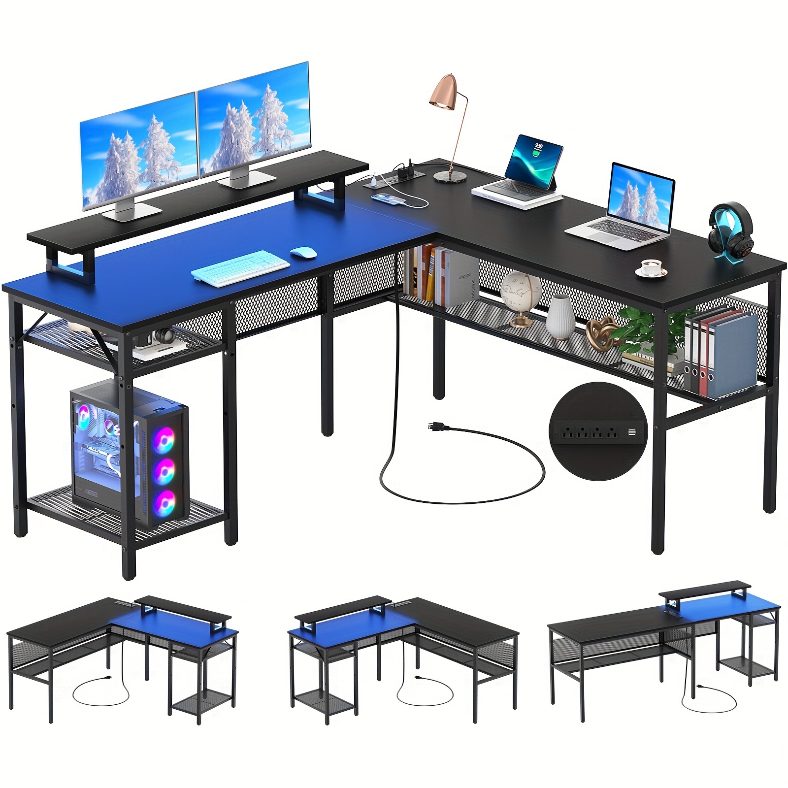 

Unikito L Shaped Desk, Reversible Corner Computer Desk With Outlets And Smart Led Light, Unique Grid Design, 55 Inch Office Desk With Monitor Stand And Storage Shelf, Black