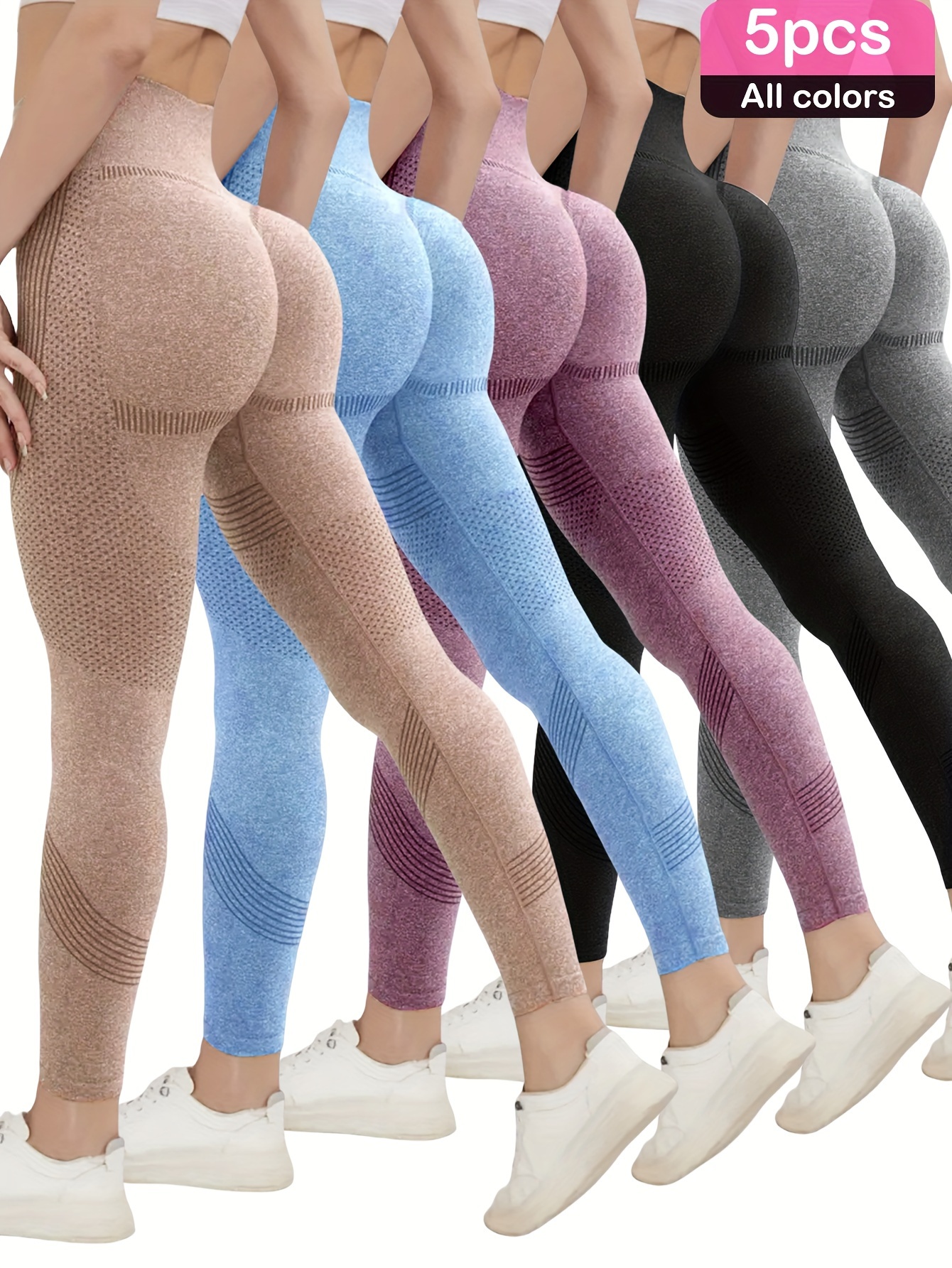 5-Pack High Waist Pants With Breathable Mesh Panels, High Elasticity, Seamless Design, Running, Outdoor Activities