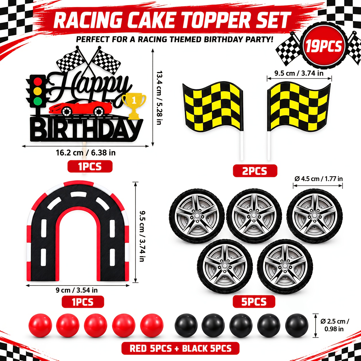 TEMU 19 pièces de décorations de gâteau d'anniversaire sur le thème de circuit de course, incluant des drapeaux chevrons, des pneus, des circuits de