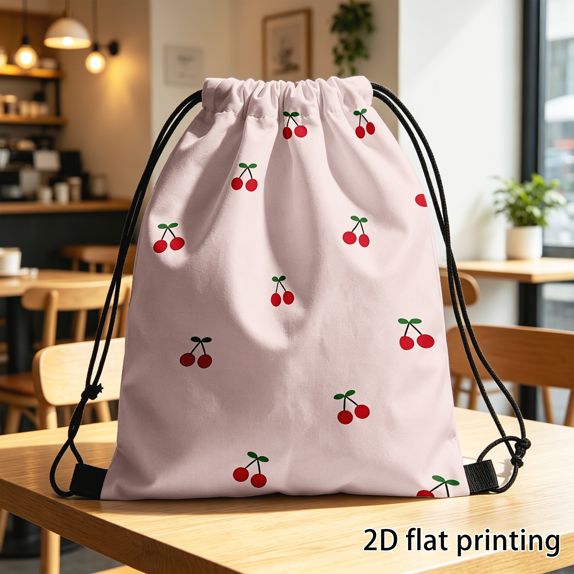 TEMU 1 stuks, Trekkoordtas, Softshell Kersenprint Trekkoord Rugzak Roze met Rode Witte Kersen, Verstelbare Banden, Meerdere Zakken, Machinewasbaar
