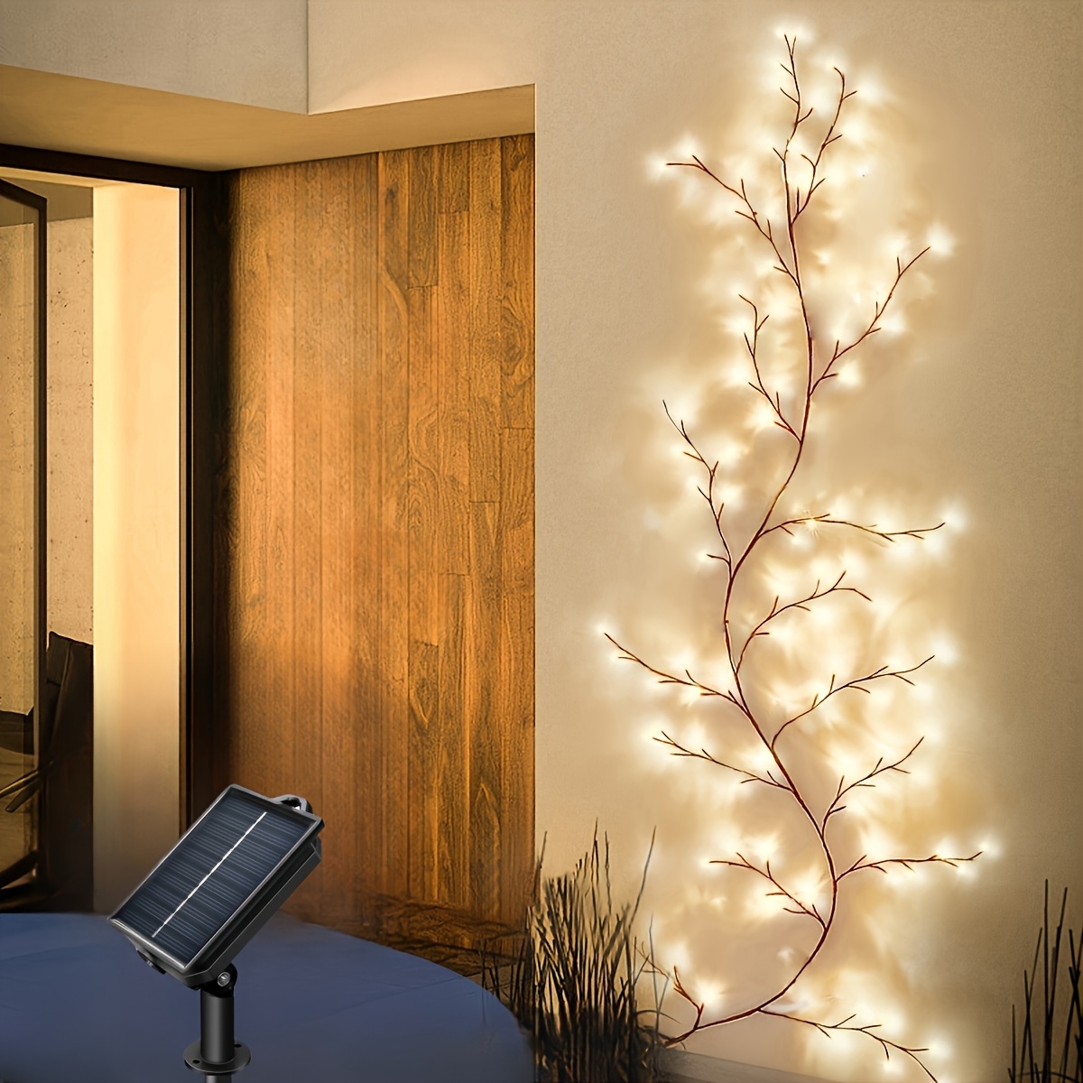 TEMU 1pc, Solar Powered Flexible Diy Vines With Lights, 102led Willow Vine Lights, Artificial Lighted Tree, 8 , Festive Ambiance With Solar Charging,