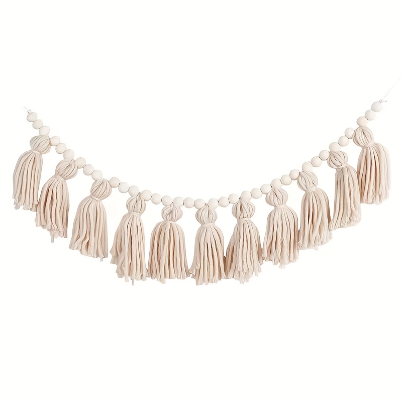 Image of Fabric Tassel Wreath With Wooden Beads, Handmade Wall Decoration, No Electricity Required, Feather-free, Suitable For Party And Home Decor