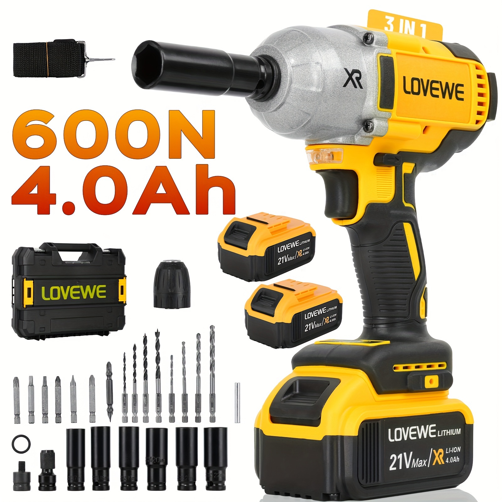 

600n.m (442 Ft-lbs)1/2 Inch Cordless Impact Wrench, 2600rpm 21v Brushless Power Impact Drive, 2x 4.0ah Battery, Charger, 6 Sockets, 6 Screwdriver Bits And Accessory Kit, Electric Impact For .