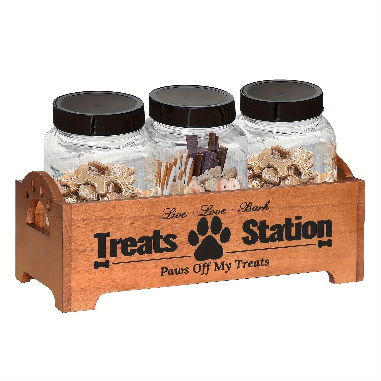 TEMU Compact, Rustic Farmhouse Pet Treat Organizer With 3 Airtight Jars - Wooden Food Storage Container Set, Space-saving Design For , Storage Boxes For Organizing