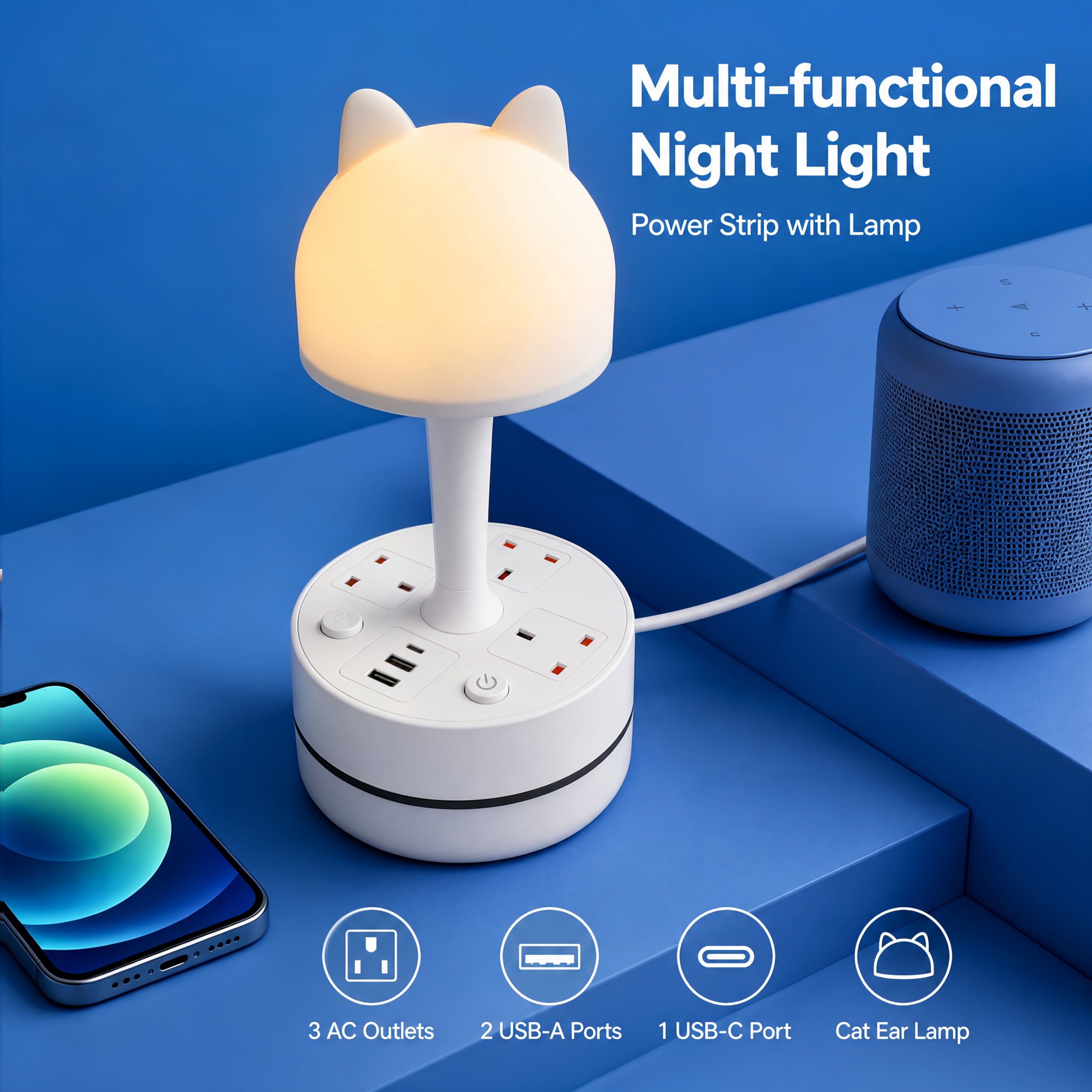 TEMU Uk Desk Lamp With Power Strip/socket/power Extension Cord/extension Lead Uk Plug, 3-color Dimmable Led Night Light, 3 Ac Outlets + 2 Usb- Type-c