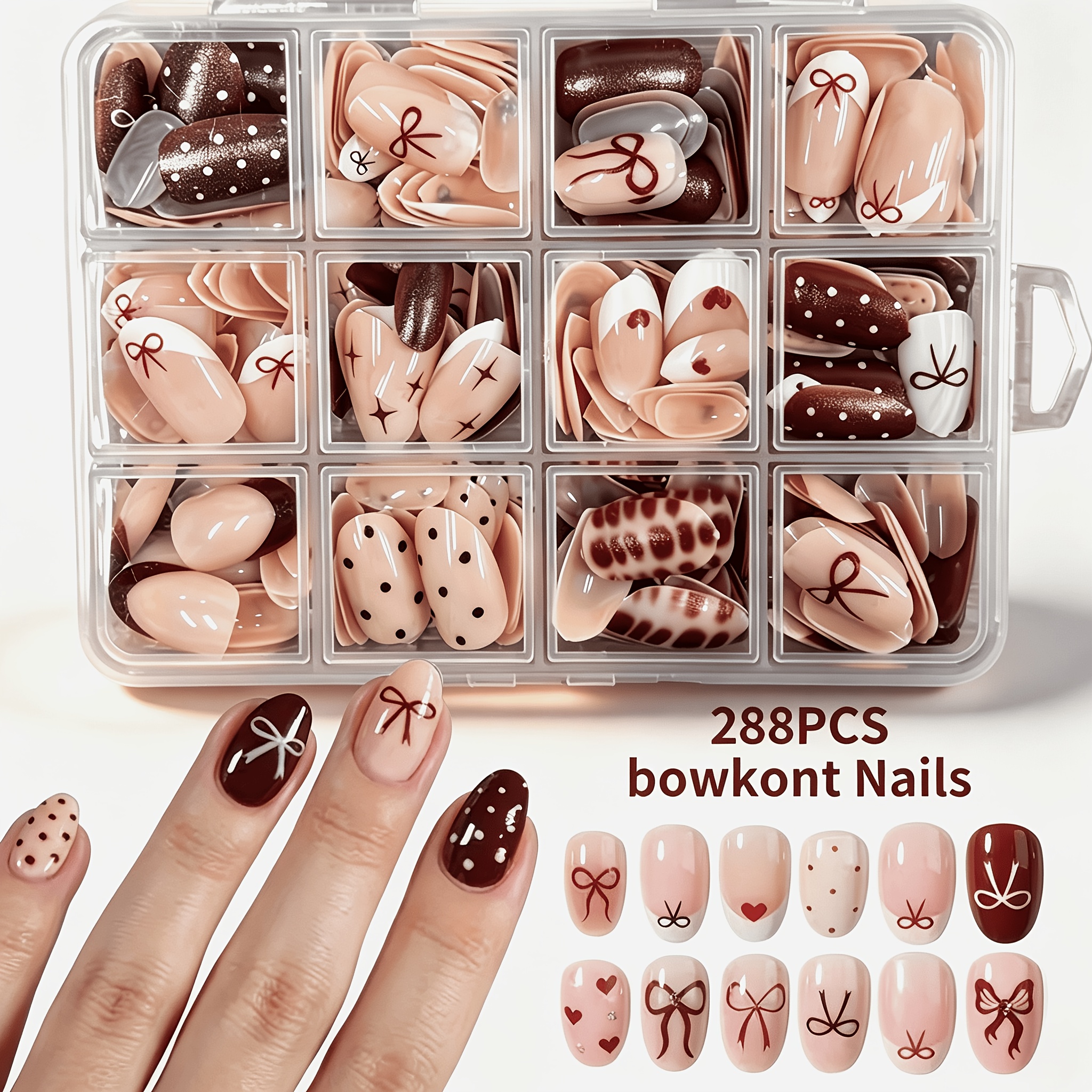 TEMU 288 stuks Korte Ovale Plaknagels Nep, Multicolor Strik Hart Plaknagel Set, Afneembare Nagels, Y2K Nagels, Elegante Romantische Nagelkunst, voor