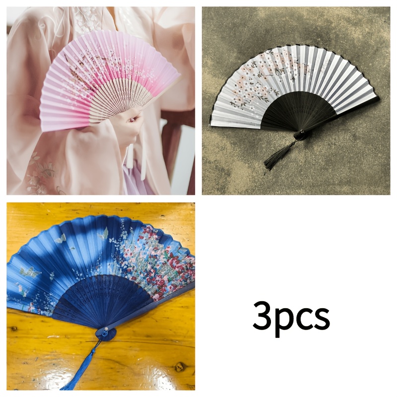 TEMU 3pcs For Holiday Gifts Ancient Style Small Folding Fan Chinese Style Men Women Hanfu Dance Ancient Costume Fan Cherry Pattern Folding Fan Tassel