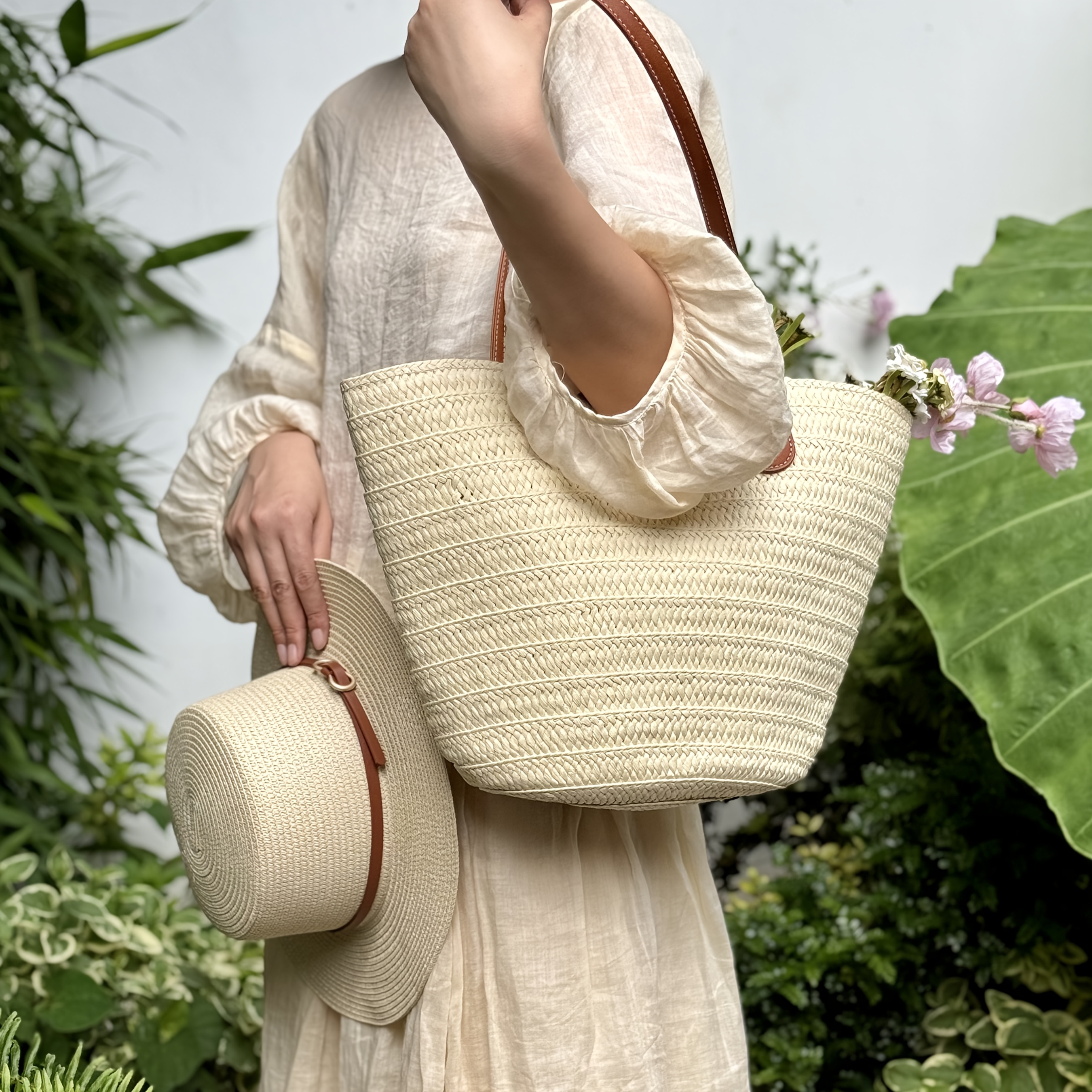 2pcs Elegant Beach Hat + Woven Tote Bag Set, Stylish Large-Capacity Vacation-Style Women's Shoulder Bag, Elegant Strap Accent Beach Hat, Suitable for Seaside Travel, Outdoor Outings, and Other Occasions, Birthday Gift, Valentine's Day Gift