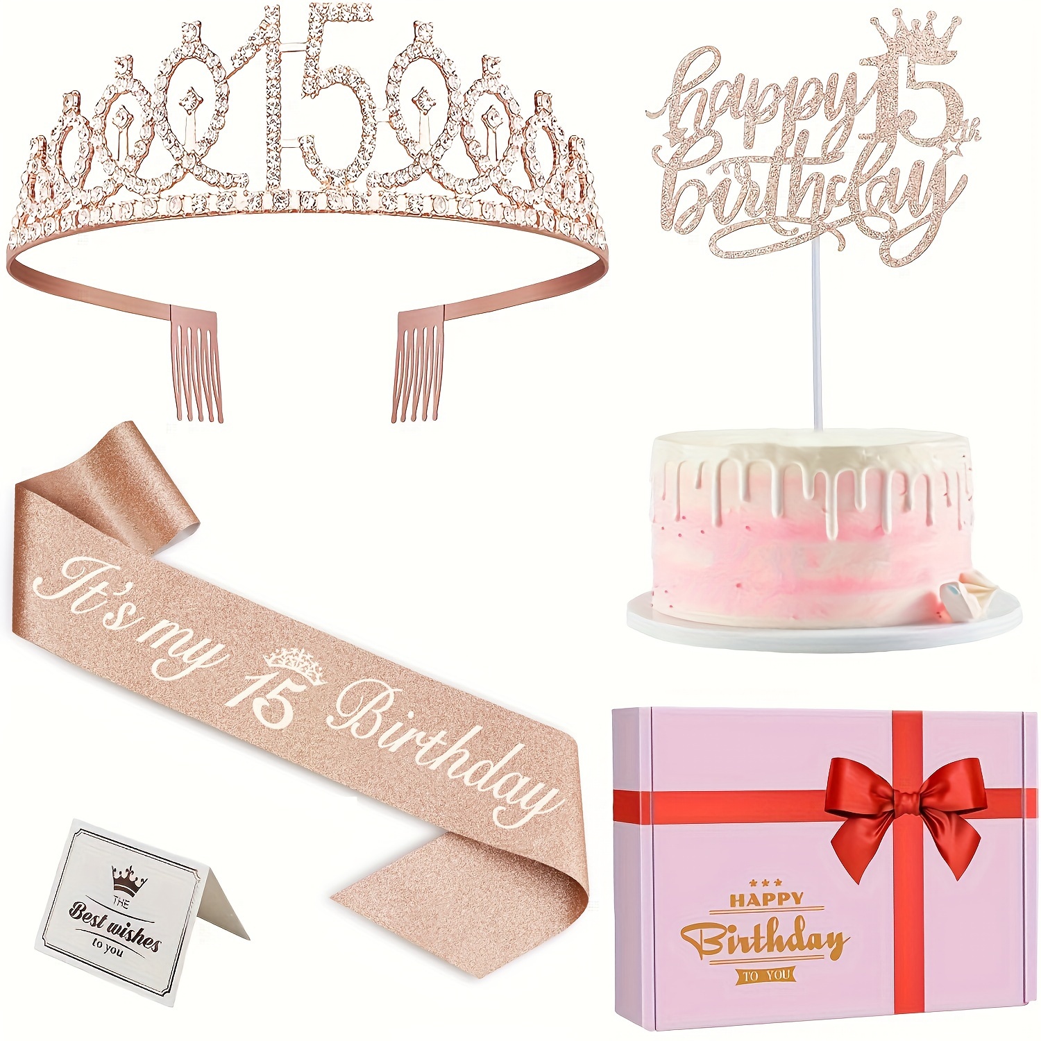 

15th Birthday Celebration Kit - 4pcs Rose Golden Set With Belt, Crystal Crown, Cake Topper & Greeting Card - Perfect For Girls' Parties