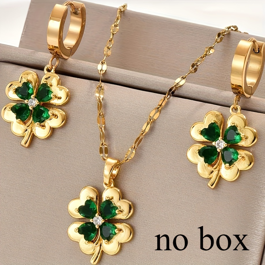 

Fashion 3-piece Jewelry Set - 18k Gold Plated Stainless Steel 316, Design With Emerald Green Synthetic Cubic Zirconia, Trendy Necklace And Earrings Combo For Men And Women