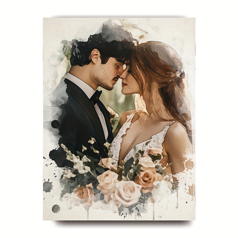 

Room Decor 1pc Personalized Watercolor Oil Painting Canvas, Custom Photo To Art, Polyester Wall Decor, Romantic Couple Design, Ideal For Living Room & Bedroom, 11.8" X 15.7" Wood Frame