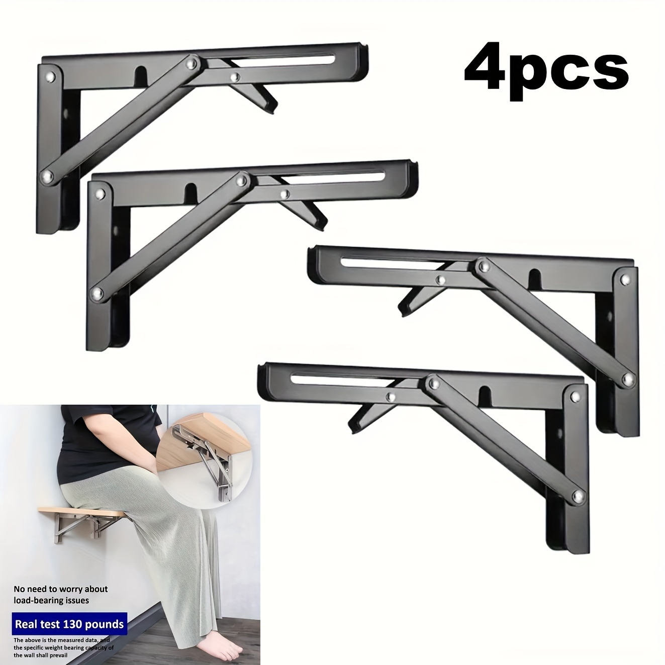 

4-pack Iron Folding Shelf Brackets - Heavy-duty Wall Mounted Support Hinges With Design, Space-saving Woodworking Tools & Accessories Included