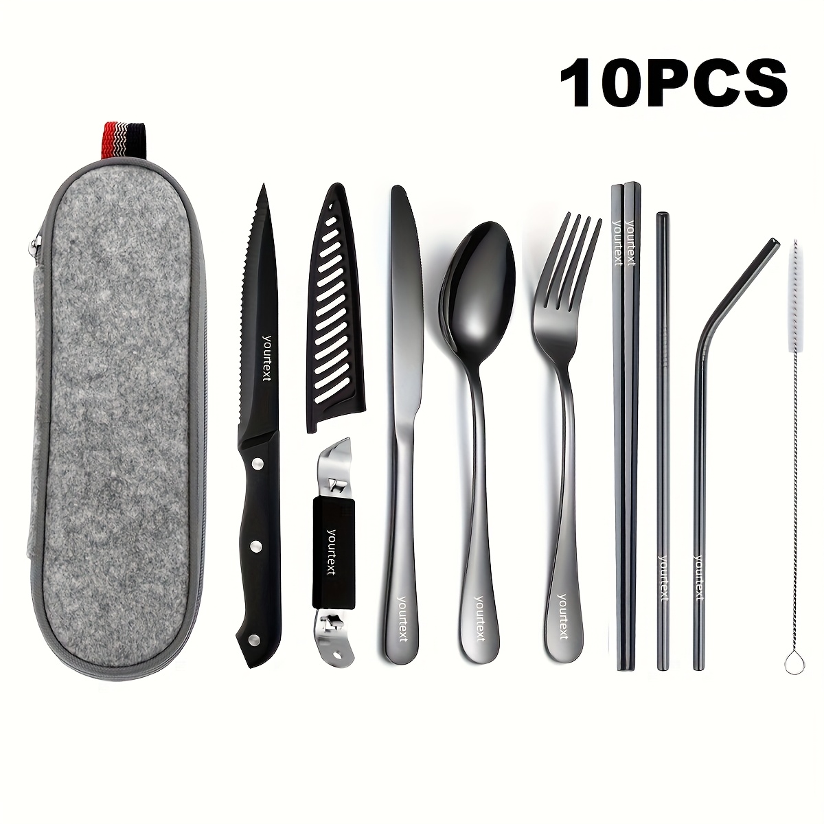 customize your text 9 10pcs black silvery stainless steel outdoor portable cutlery set travel camping set including knife   chopsticks cleaning brush straw bottle opener steak knife with knife   and not   damaged Product details 4