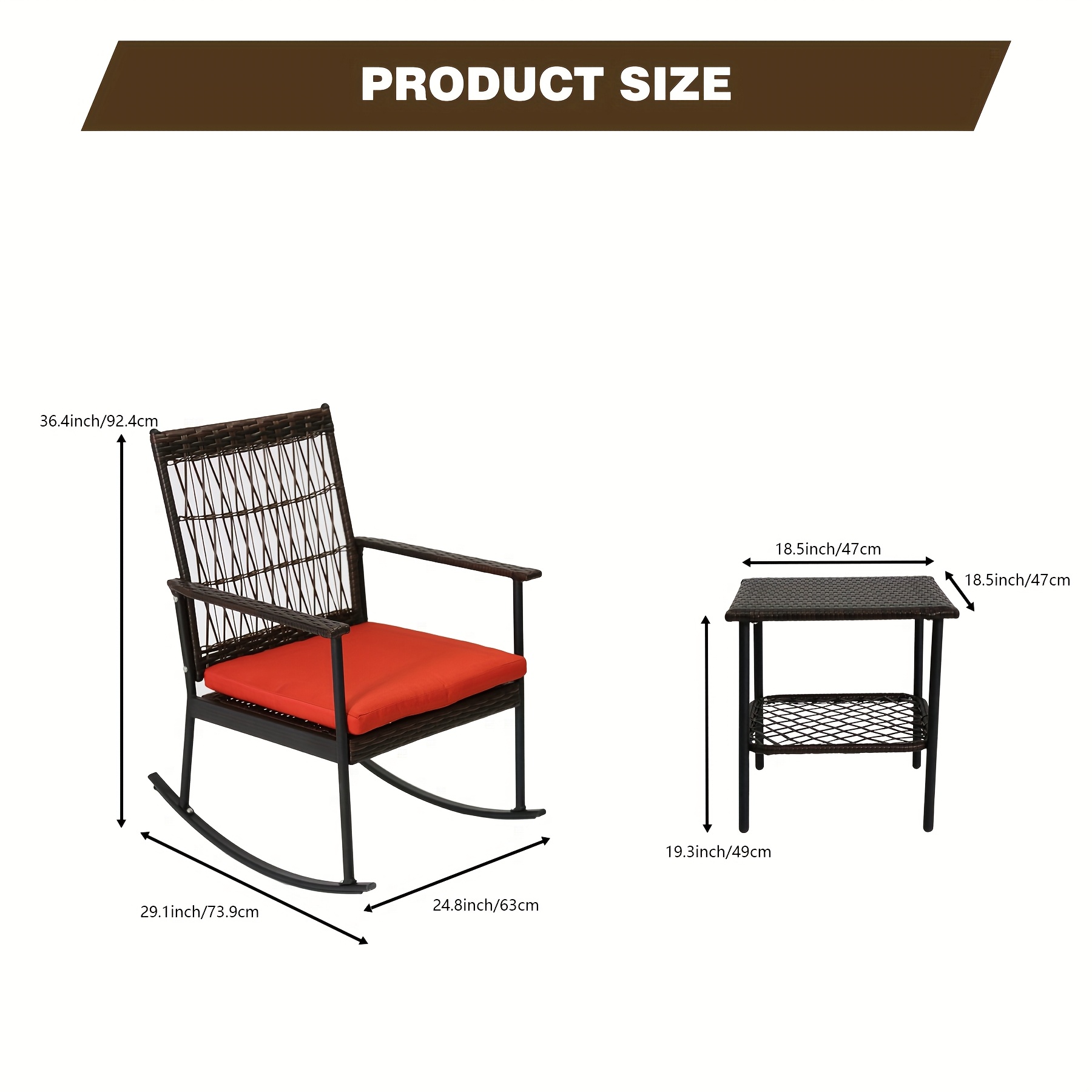 3pcs Outdoor Patio Furniture Set, Outdoor Rocking Chairs Set Of 2, Wicker Furniture With Cushions And Coffee Table For Garden, Balcony, Backyard