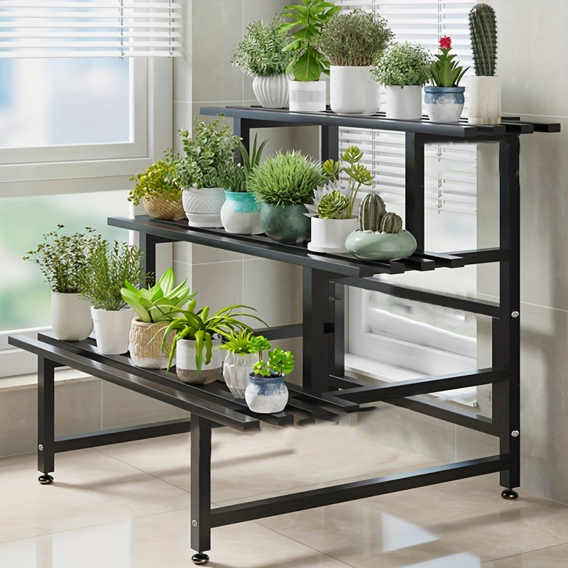   3 tier metal balcony flower stand black rectangular floor standing shelf for outdoor garden bonsai and succulent plant display sturdy and   for indoor and outdoor use balcony plant display sleek black   construction balcony accessories