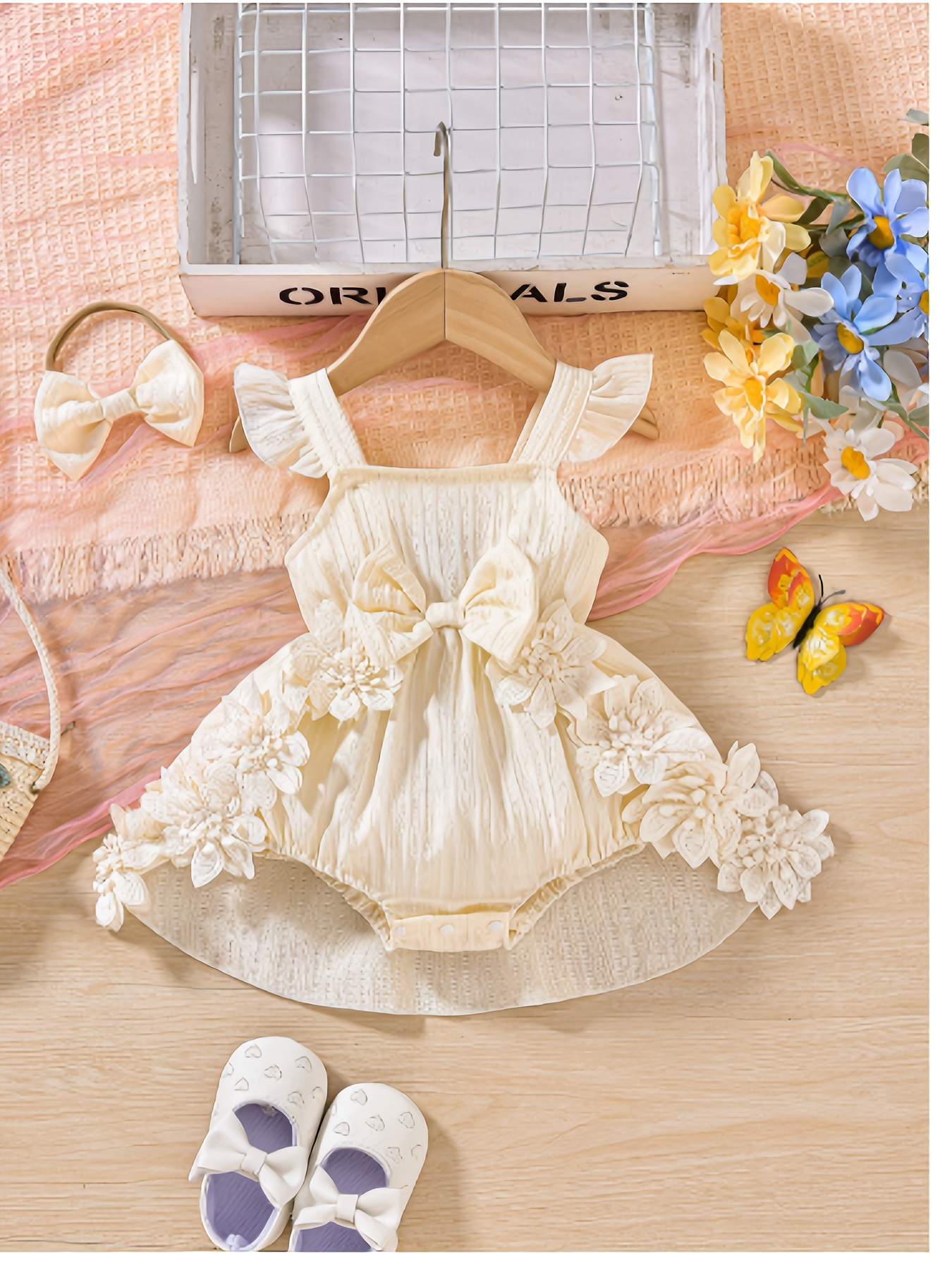 lace and beads embellished dress Pink Lily Out West Beige Printed Denim Romper Dress