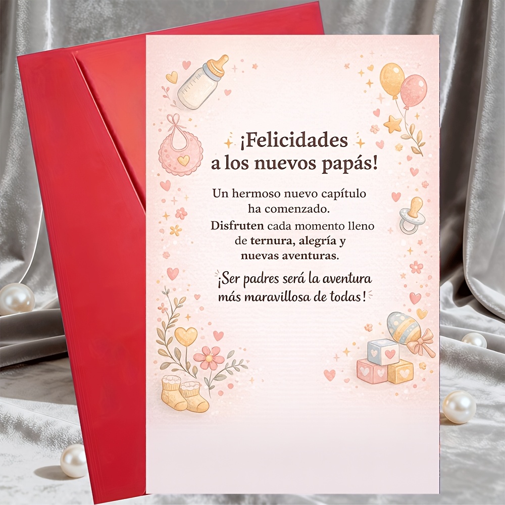 TEMU Tarjeta de Felicitación y Sobrecarta para Nuevos , Tarjeta de Felicitación con Mensaje en Español, Diseño Pastel Lindo, Regalo Ideal de y para