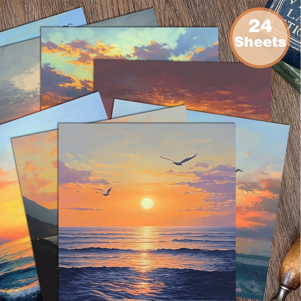 TEMU 24 Sheets Of 6x6 Inch Oil Painting Texture Sunrise And Seagull , Symbolizing And Beauty, Suitable For Collage, Origami, And Craft Projects, Diy