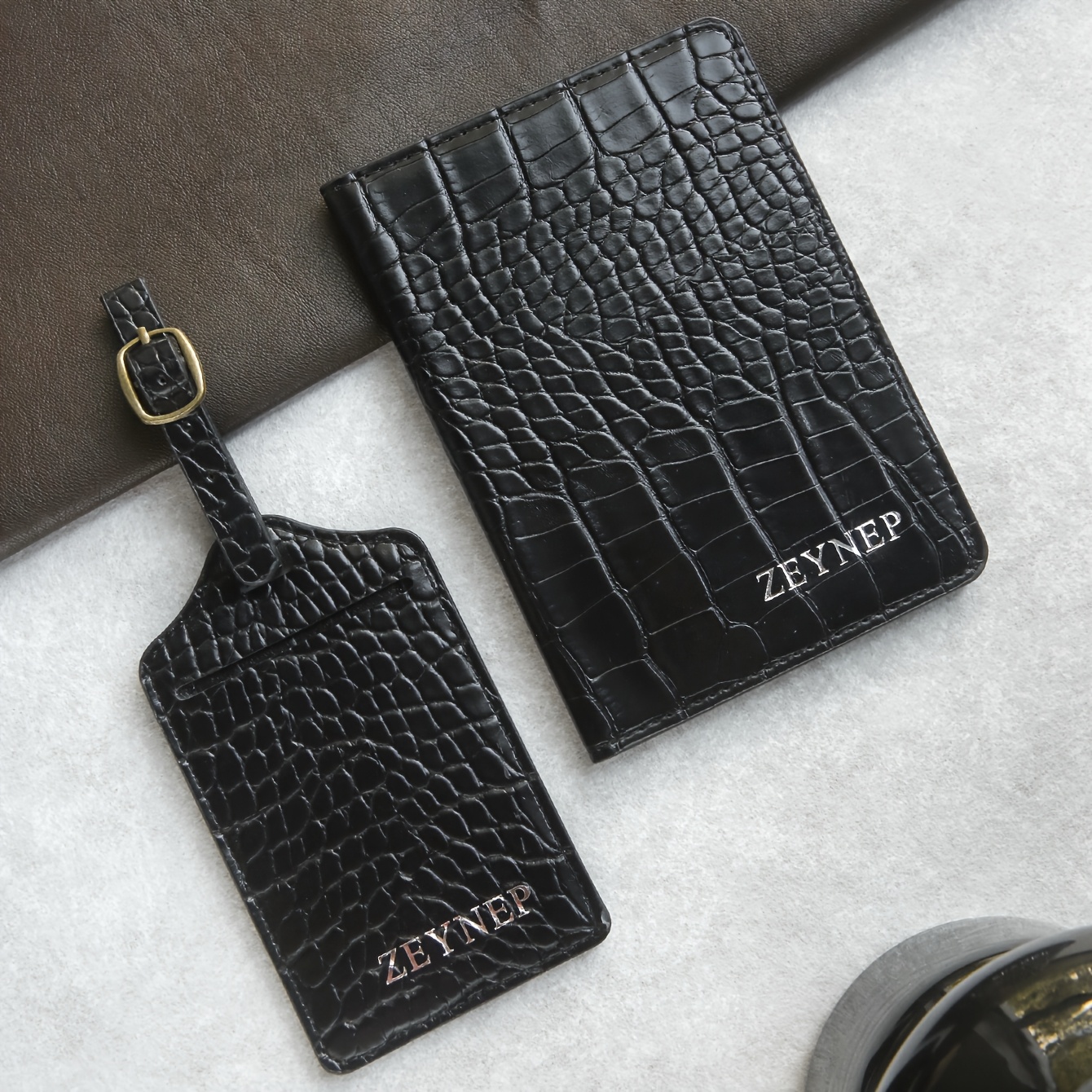 TEMU 2pcs Customized Name Passport Holder Luggage Tag Sets With Privacy Card Personalized Golden Stamping Passport Cover Alligator Print Artificial