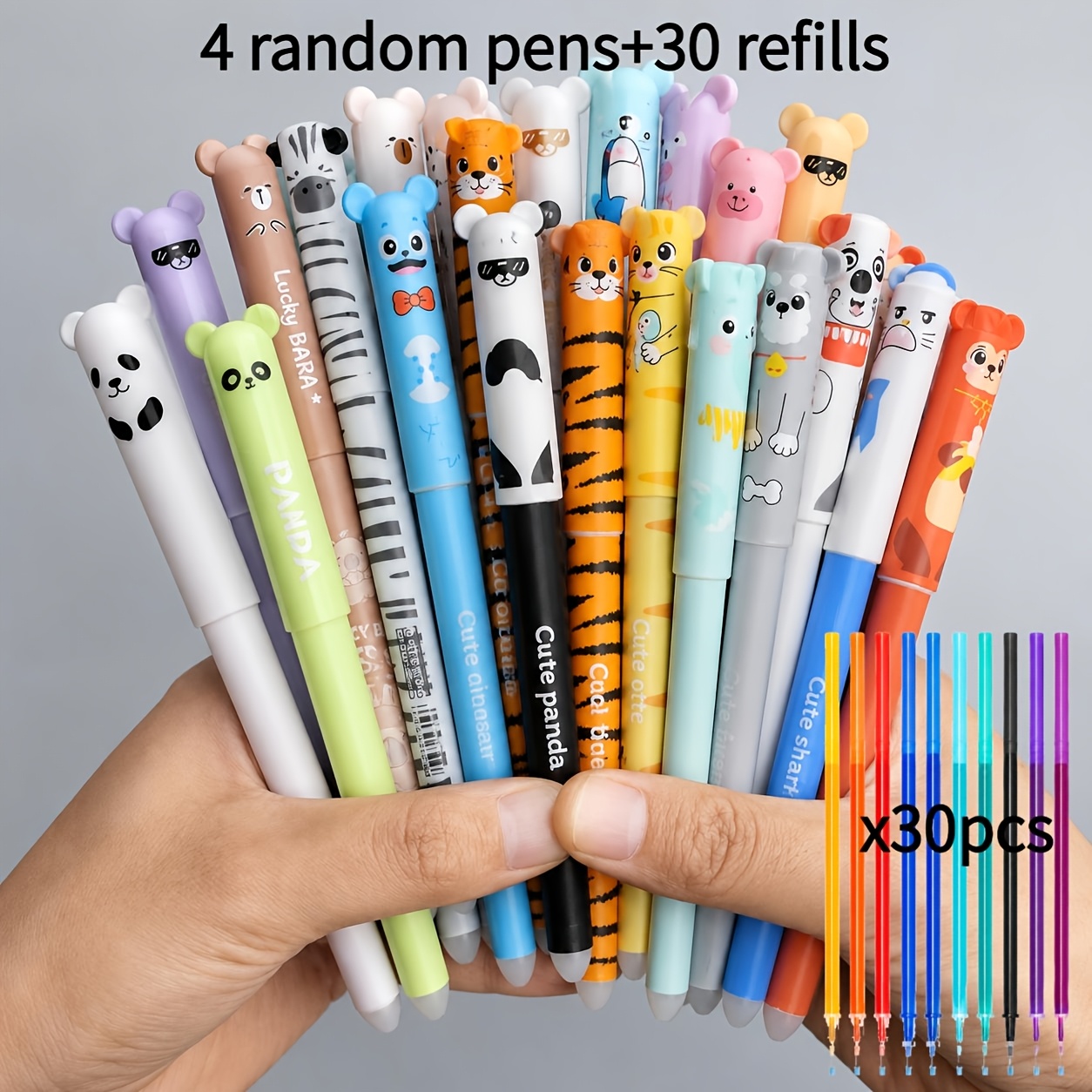 Image of 34pcs Set Of 0.7mm Erasable Gel Pens, Animal Print Design, Includes 4random Pens+30 Refills, Thermosensitive Erasable Ink, Cute , Designed For Adults To Practice Writing And
