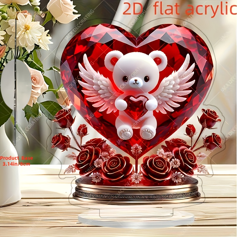 2d Flat - [2d Flat] - [] Crystal Bear Heart Pendant - 2d Acrylic Desktop Decoration, Suitable For Home And Valentine's Day Gifts, 7.87x7.01 Inches