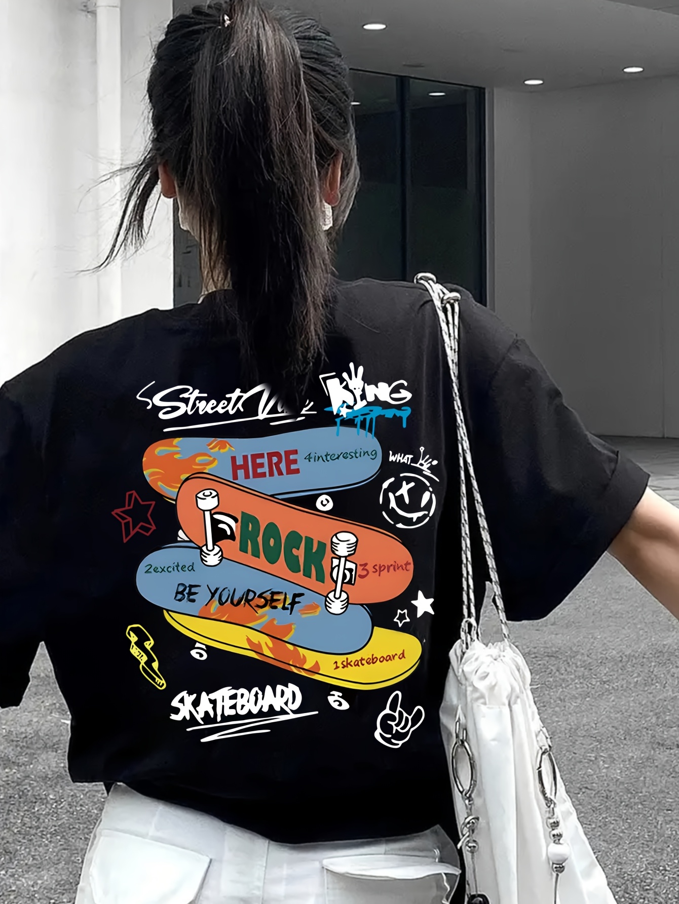 womens summer casual skateboard graphic print t shirt loose fit longline top with cartoon design light yellow round neck short sleeve tee for streetwear everyday outfits outfit addition durable fabric relaxed fit   print shirt women Product details 33