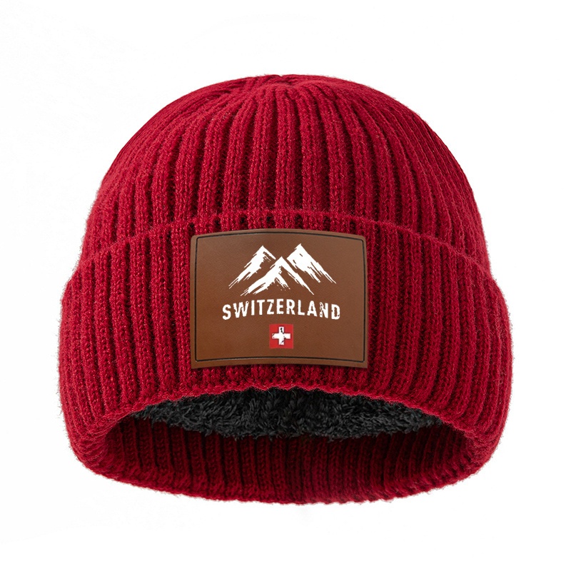 E-shop Fashion Leder Patch Letter SWITZERLAND Mountain Strickmütze, Unisex Winter Warme Verdickte Kälte Mütze für Herren und Damen, Feiertags Party Hip