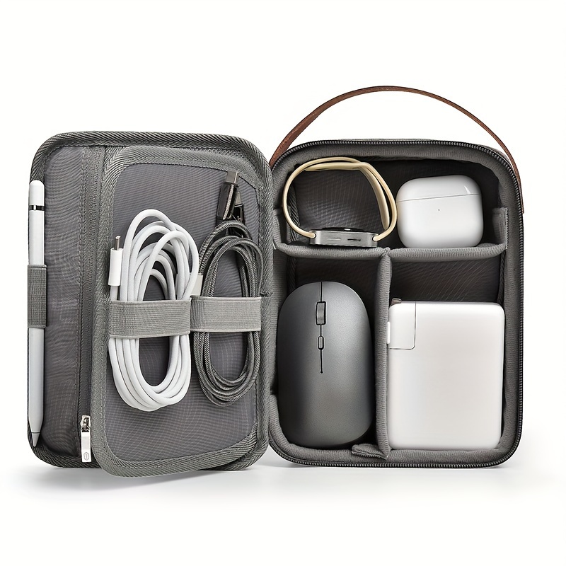 Compact Gray Travel Organizer Bag with Brown Accents - Portable Cable & Phone Storage Pouch for Cables, Chargers, and Accessories, Durable Polyester Material, Perfect for Tech Enthusiasts, Tech Accessory Pouch | Sleek Design | Secure Zipper Closure, Travel Organizer