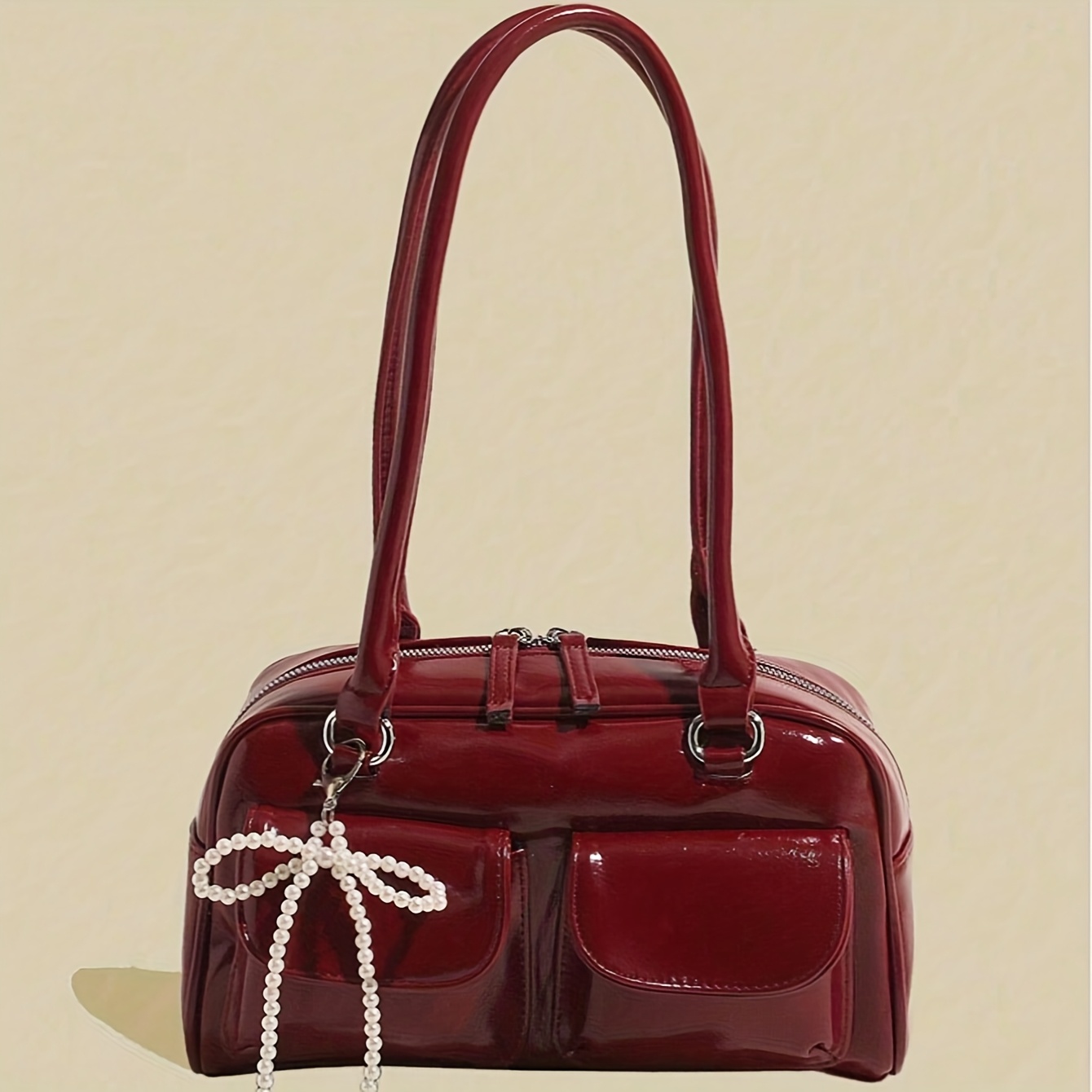Wine Red Shoulder Bag With Bow Charm - Glossy Patent Handbag Suitable For Daily Use & Date Nights, Zipper Closure &