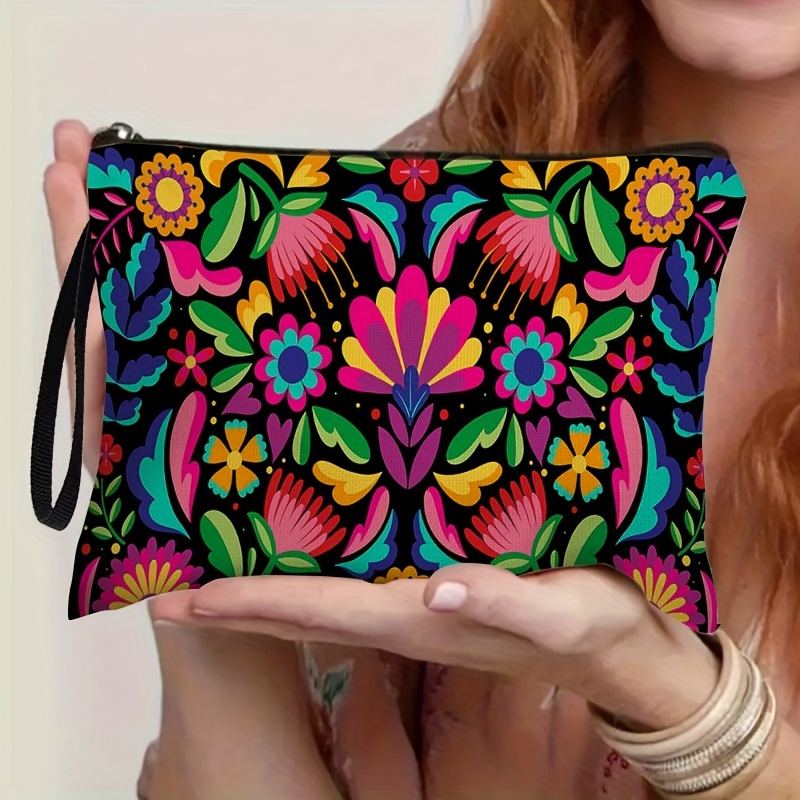 

Chic Mexican Floral & Greenery Cosmetic Bag - Polyester, Zippered Makeup Pouch For Travel & Daily Use, Perfect Gift For Women, 6.7" X 9.9