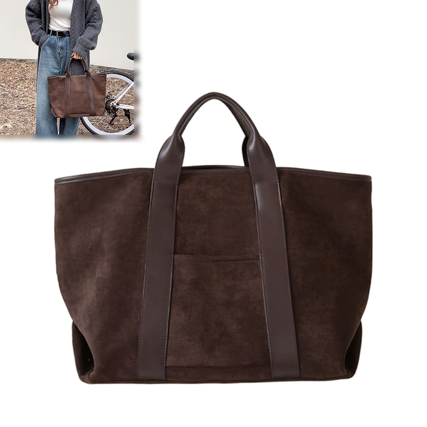 

Chic Large Capacity Soft Suede Tote Bag For Women - Vintage Top Handle Shoulder Bag, Casual Work Satchel With Strap, Coffee/light Brown