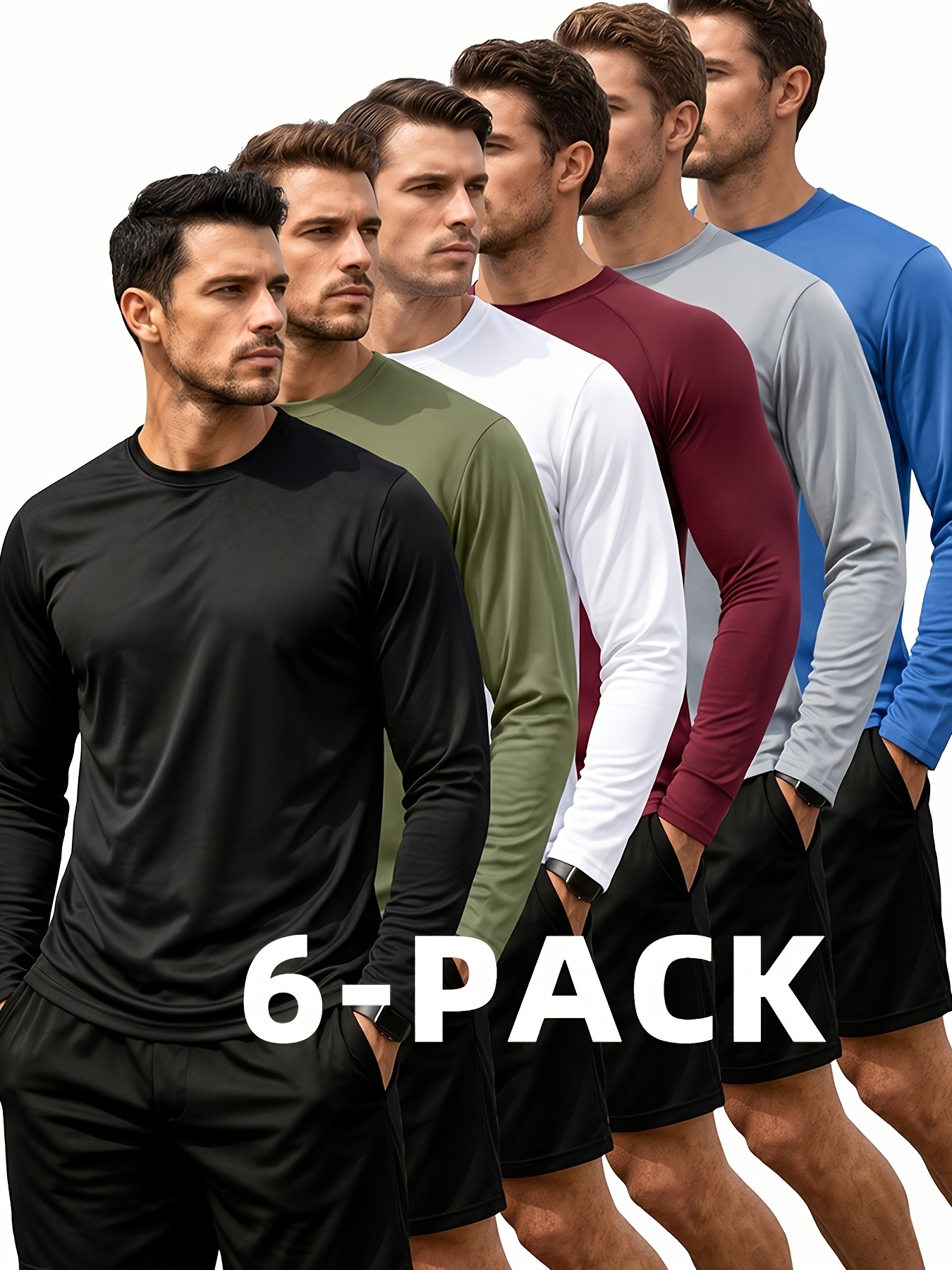 6pcs mens casual long sleeve tops solid color crewneck regular   layer shirts ideal for loungewear workouts running gym shopping hiking and climbing