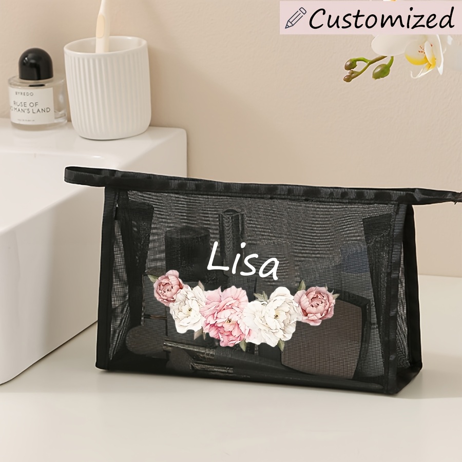 TEMU Custom Name Black Mesh Makeup Bag With Pink Pattern, Travel Cosmetics Storage Bag, Portable Zippered Pouch, Suitable For Skincare Products,