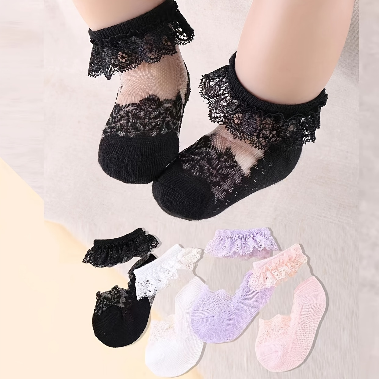 

4 Pairs Of Girl's Solid Lace Ruffle Frilly Trim Crew Socks, Breathable Comfy Dance Princess Socks