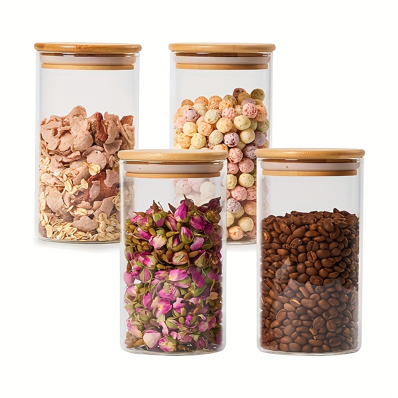 

Set Of 4 High Borosilicate Glass Storage Jars With Airtight Bamboo Lid Set, 700ml Clear Kitchen Pantry Food Canister Container For Cereal, Pasta, Nuts, Spices, Flour, Coffee