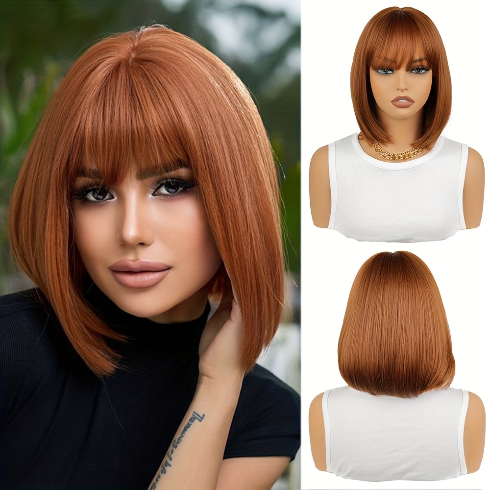 Image of Short Straight Wigs With Bangs In Chocolate Brown, Made From Heat-resistant Synthetic Hair With Density, Designed For Women. And With A Cap, Use And Cosplay