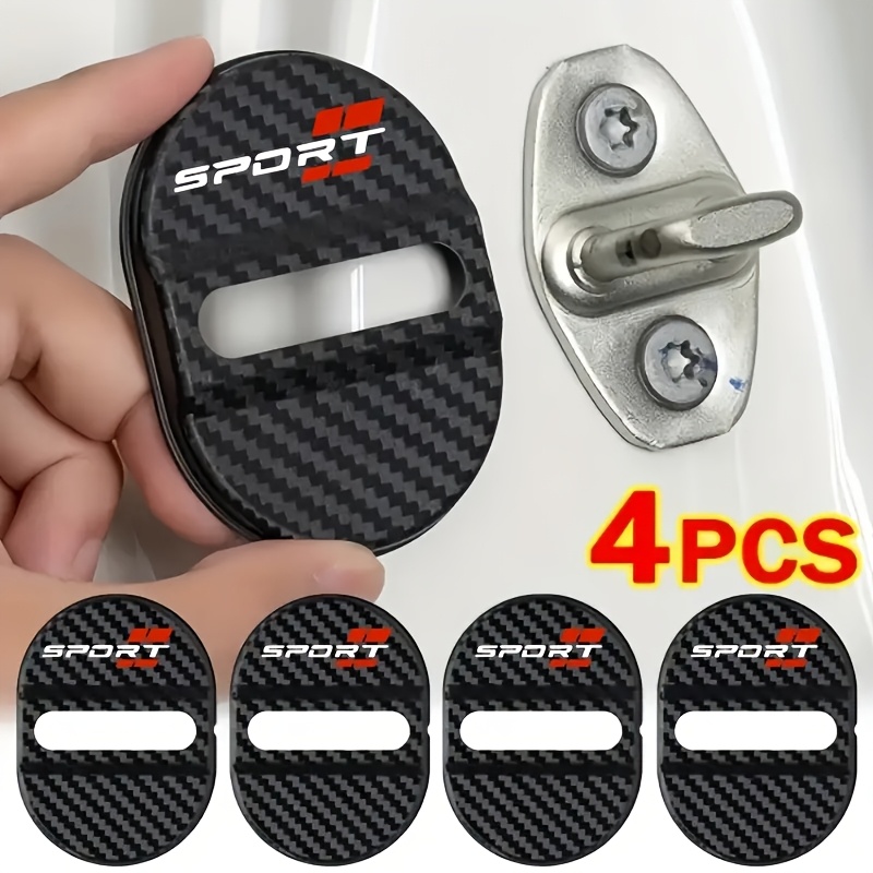 TEMU 4pcs Car Door Lock Covers - Carbon Fiber Texture Black And Logo Design, Noise Reduction And Soundproof Adhesive Locking Mechanism Protectors,