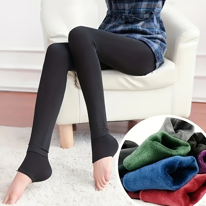 

1 Pair Women' Fleece-lined Leggings, Stretchy Knit Fabric, Non-slip Warm Pants, Solid Color, Polyester 70% Polyamide 30%, Machine Washable, Footed Or Footless Wear