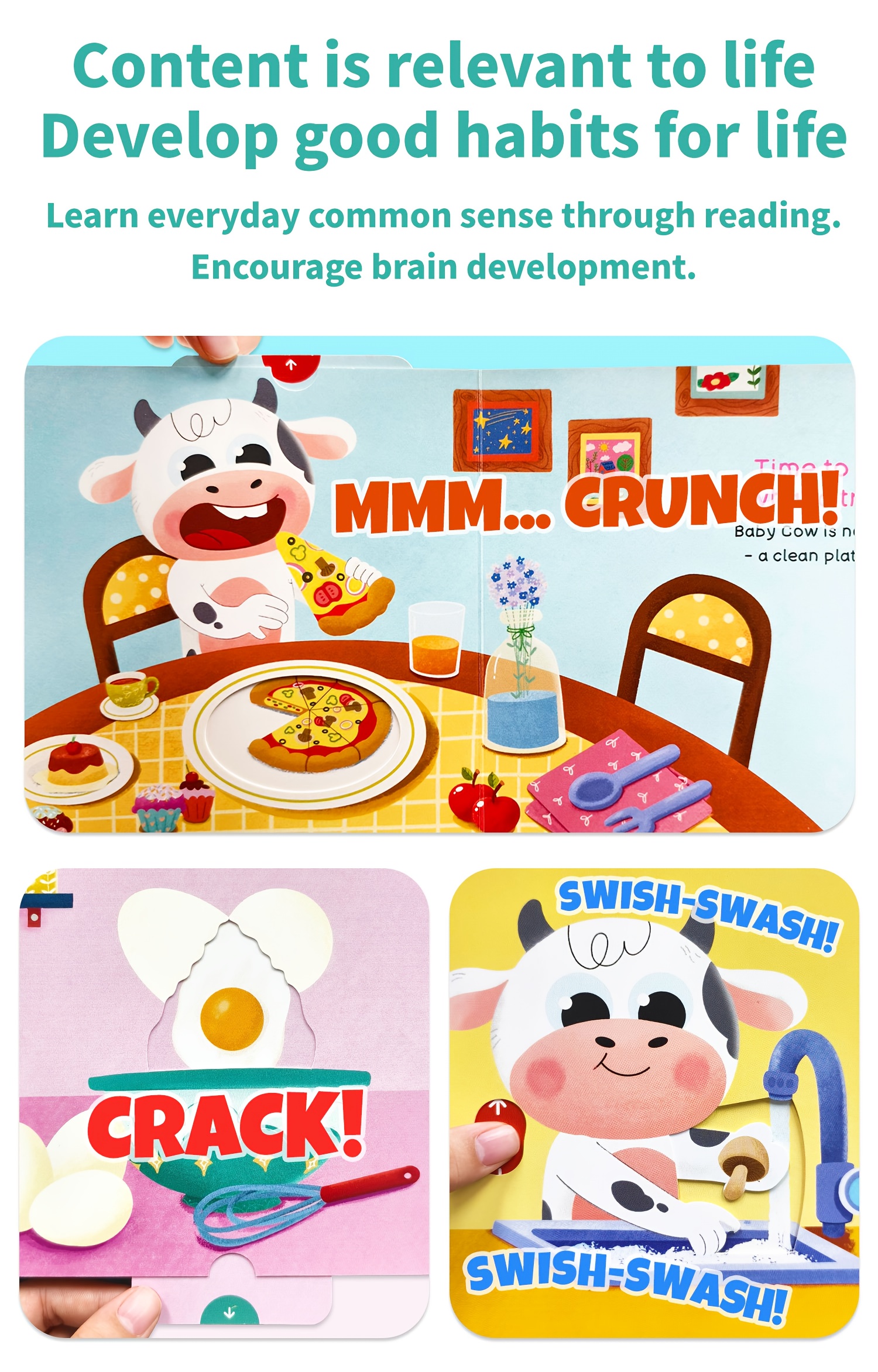 Baby Cow Lift-the-Flap Books, Good eating habit formation, Interactive picture, Cow'S Pizza Day, push-pull book, Early education enlightenment, Illustrated by Canadian Artist, Birthday Gift, Bear Tale