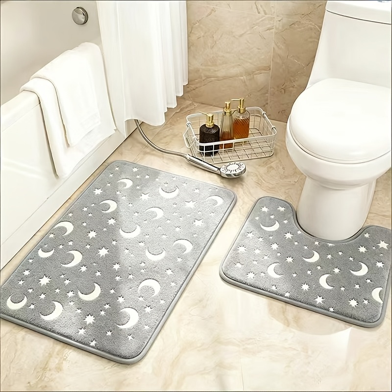 TEMU Luminous Star Moon Bath Mat Set, Glow In Dark Non-slip Water Absorbing Bathroom Rug 2-pack, Soft Flannel Toilet Floor Mats For Home Decor