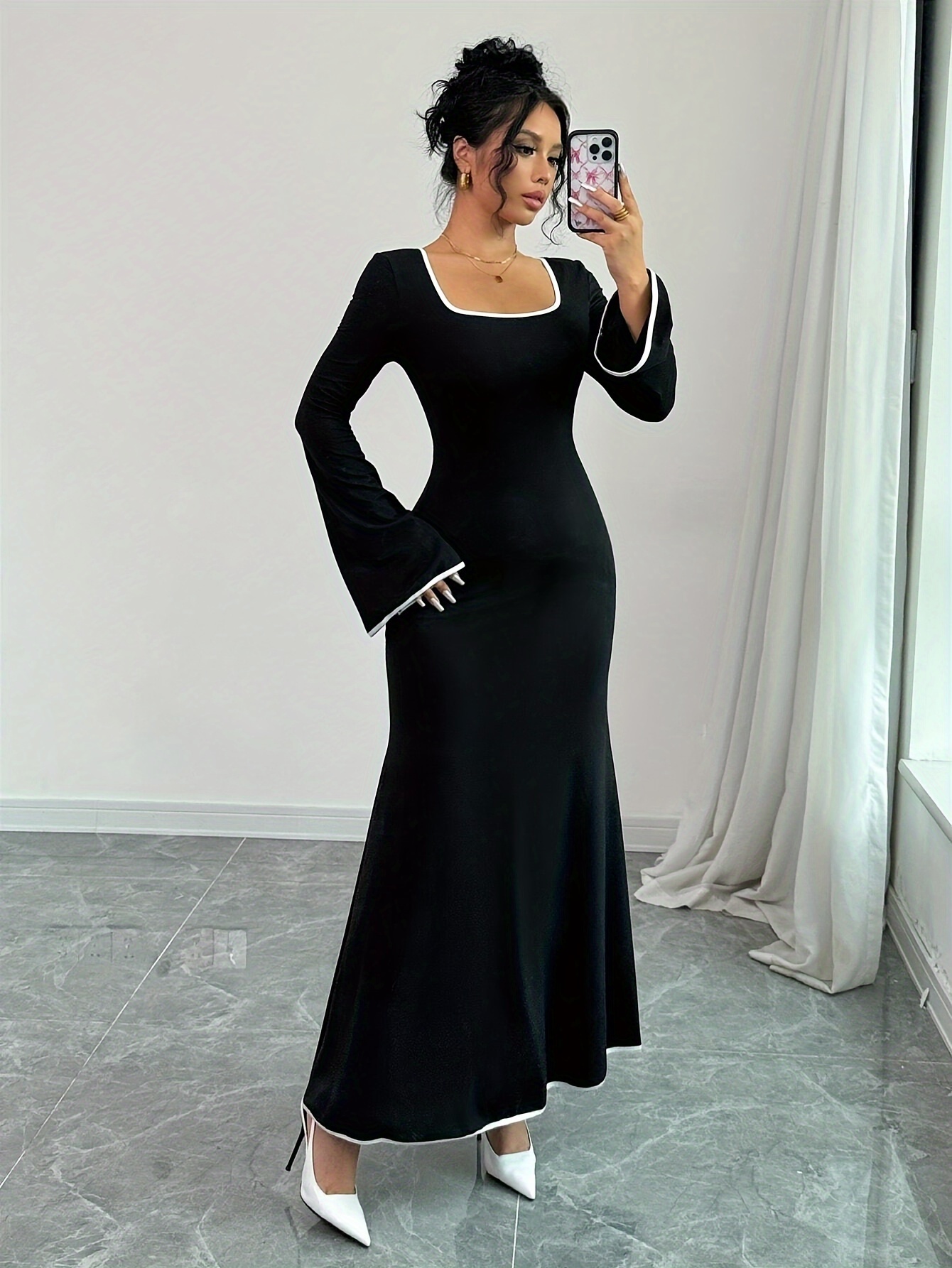 Women's Elegant Square Neck Long Sleeve T-Shirt Dress with Flared Cuffs  Fit Stretchy Midi Dress for Spring Summer Fall, Solid Black with Contra